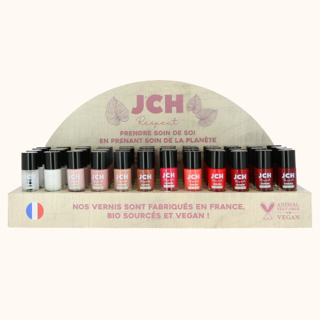 Le présentoir de 48 vernis biosourcé de chez JCH Respect.