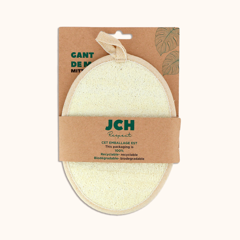 Le gant de massage exfoliant en loofah de chez JCH Respect dans son packaging.