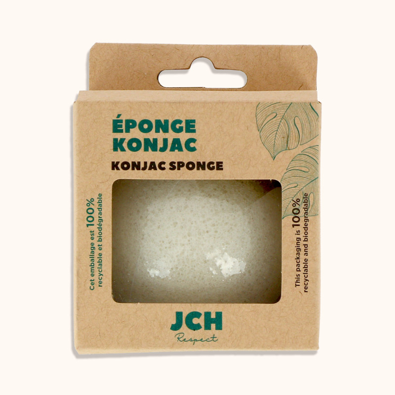 L'éponge konjac de chez JCH Respect pour le visage dans son packaging.