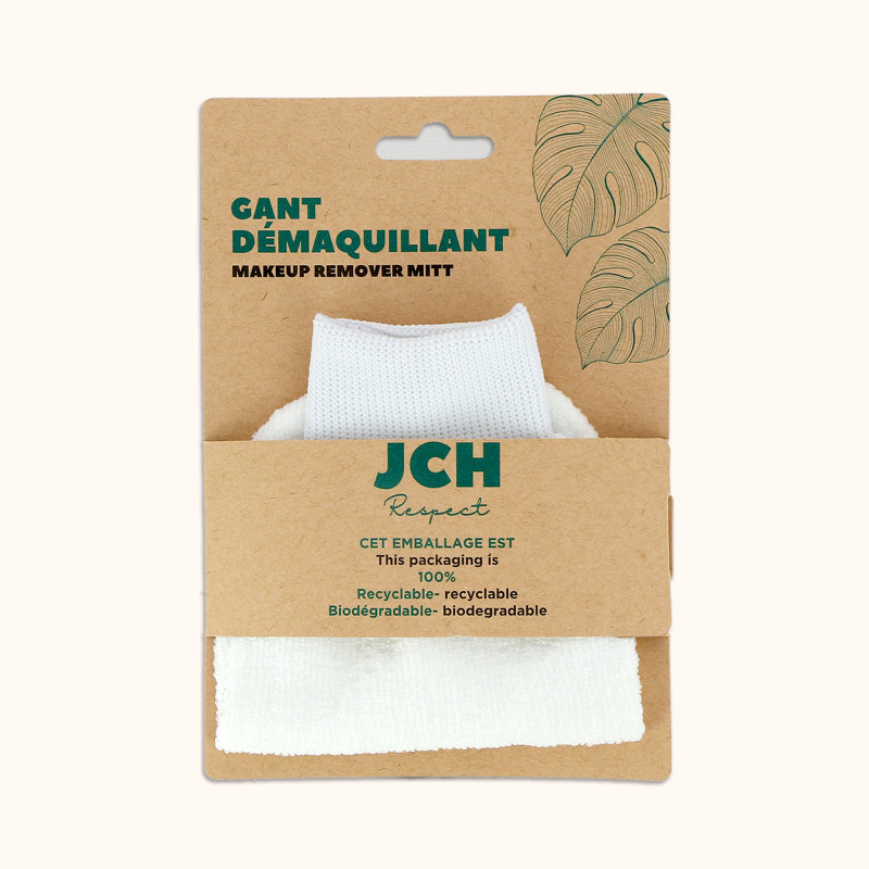 Le gant démaquillant de chez JCH Respect dans son packaging.