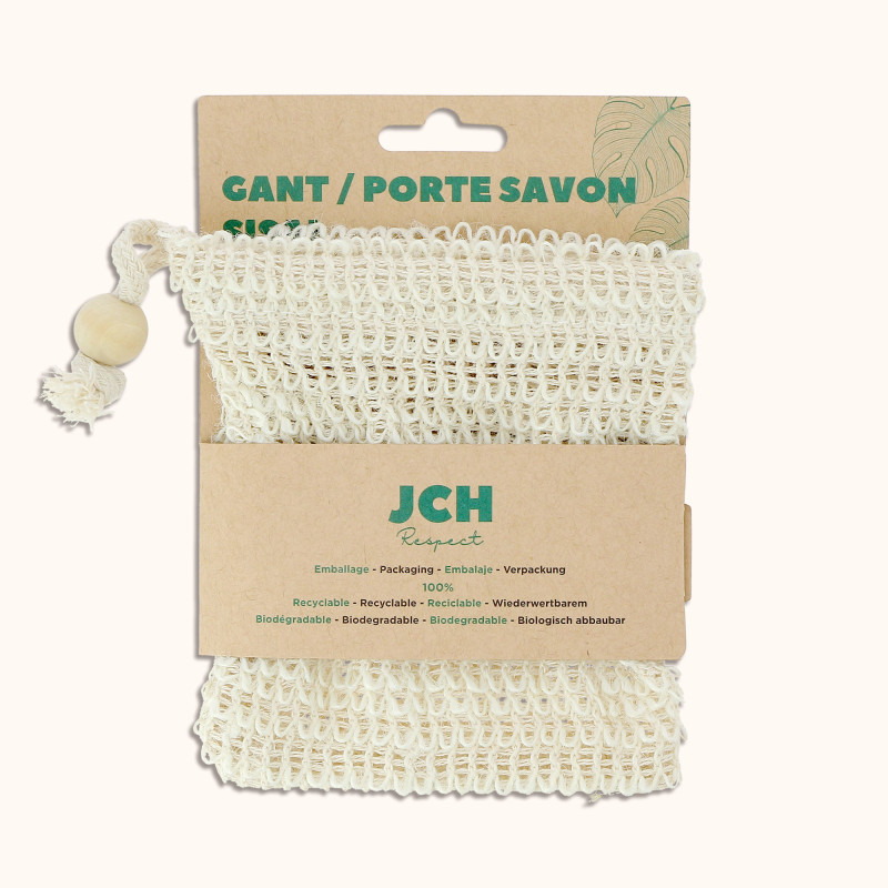 Le gant en sisal de chez JCH Respect dans son packaging.