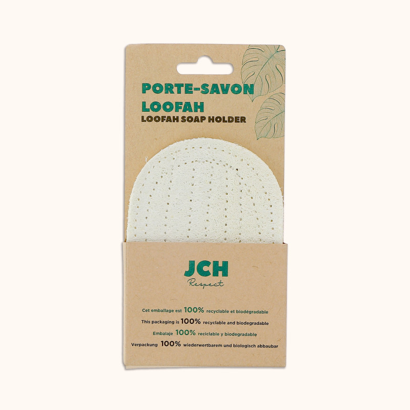 Le porte-savon en loofah de chez JCH Respect dans son packaging.