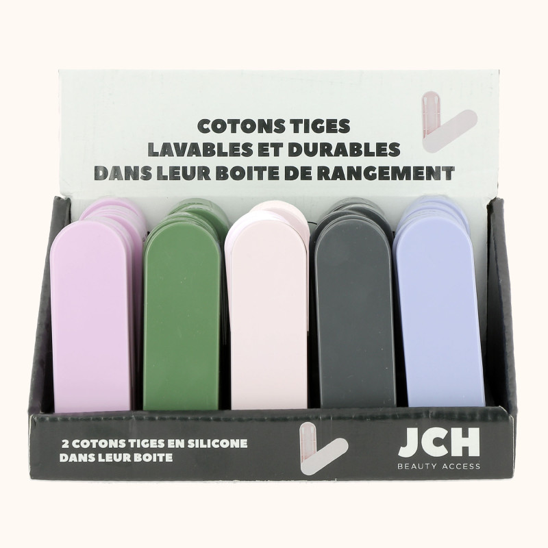 Présentoir BA avec des boîtes de rangement contenant chacune deux cotons tiges lavables et durables en silicones