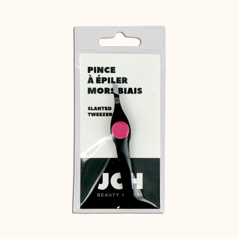 La pince à épiler mors biais noire avec un repose-doigt fuchsia BA dans son packaging BA