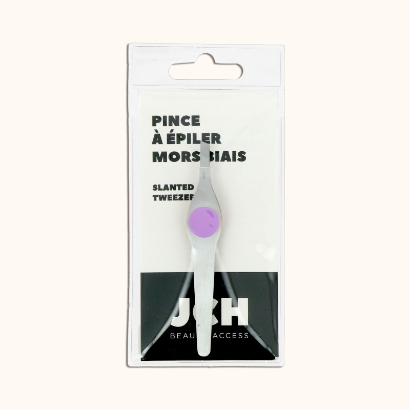 La pince à épiler mors biais métallique avec un repose-doigt lilas BA dans son packaging BA