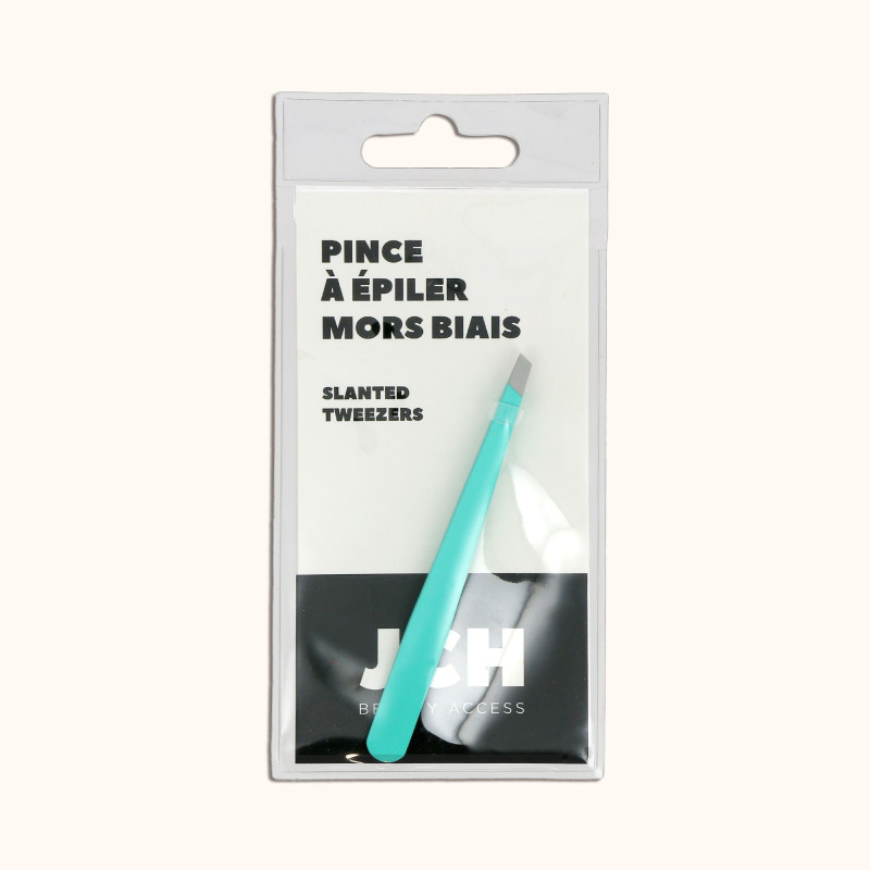 La pince à épiler mors biais touché soft aqua BA dans son packaging